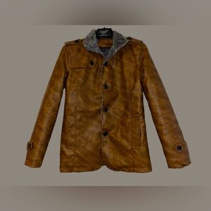 Brown Leather Jacket with Faux Fur Collar